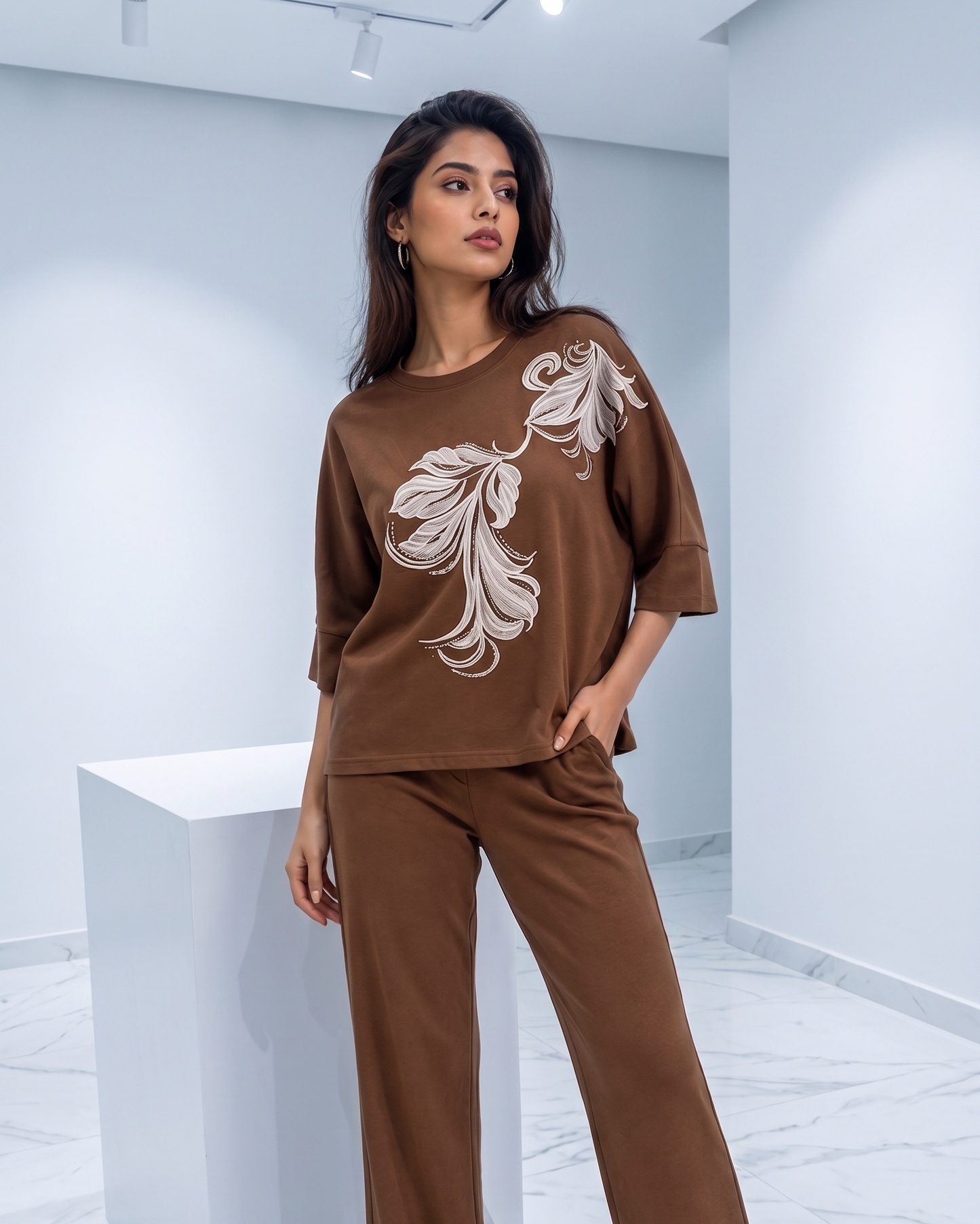 Elegant Leaf Print Drop-Shoulder Top