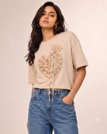 3D Floral Heart Appliqué Relaxed  Top