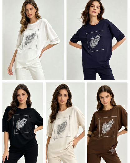 Relaxed Fit Feather Motif T-Shirt