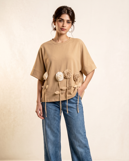 Embellished Rose Drop-Shoulder Tee