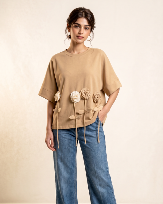 Embellished Rose Drop-Shoulder Tee