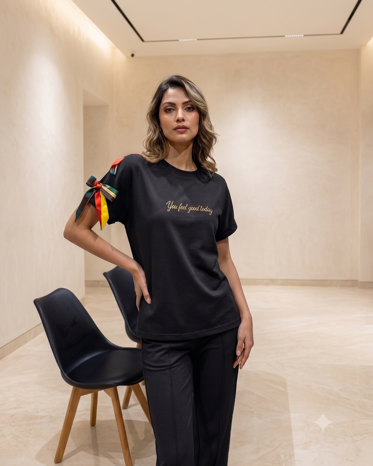 Embroidered Ribbon-Sleeve Top
