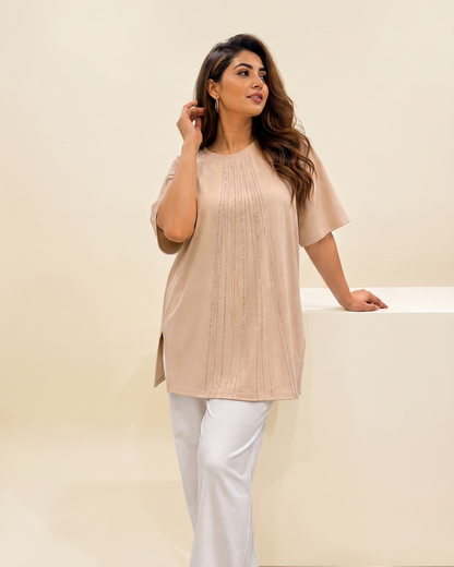 Rhinestone Pinstripe Half-Sleeve Tunic