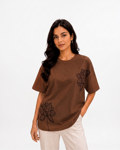 Chic Studded Botanical Drop Shoulder Top