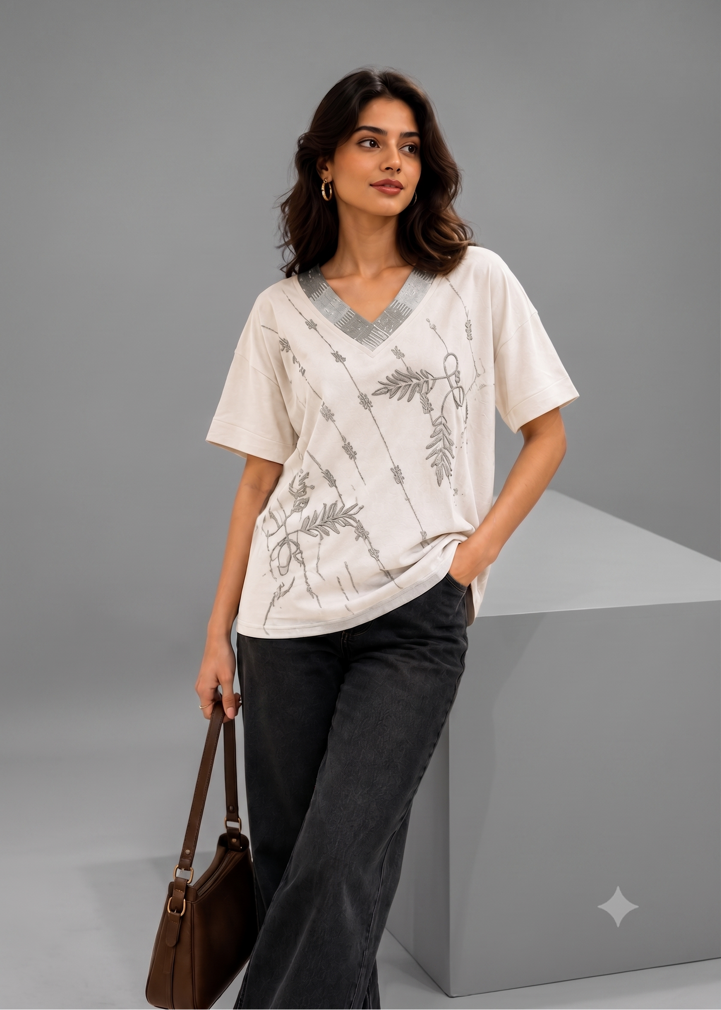 Embellished V-Neck Relaxed Top