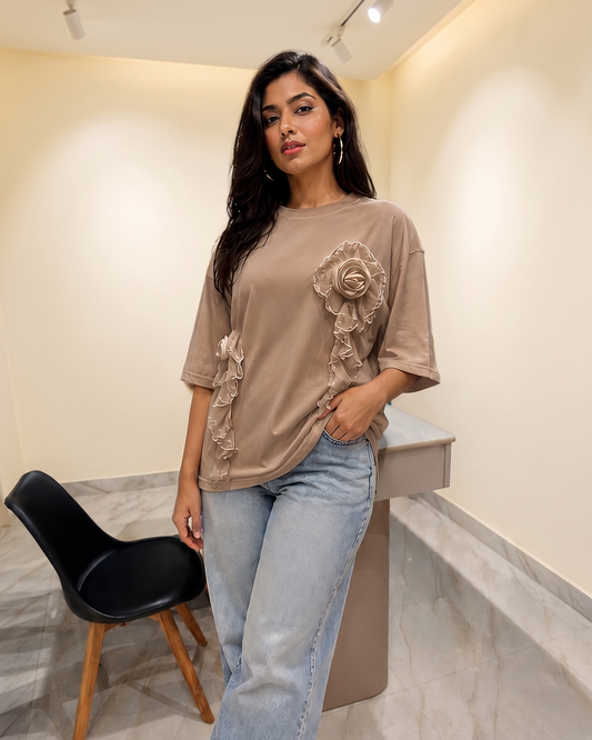 Oversized 3D Rose Appliqué Top