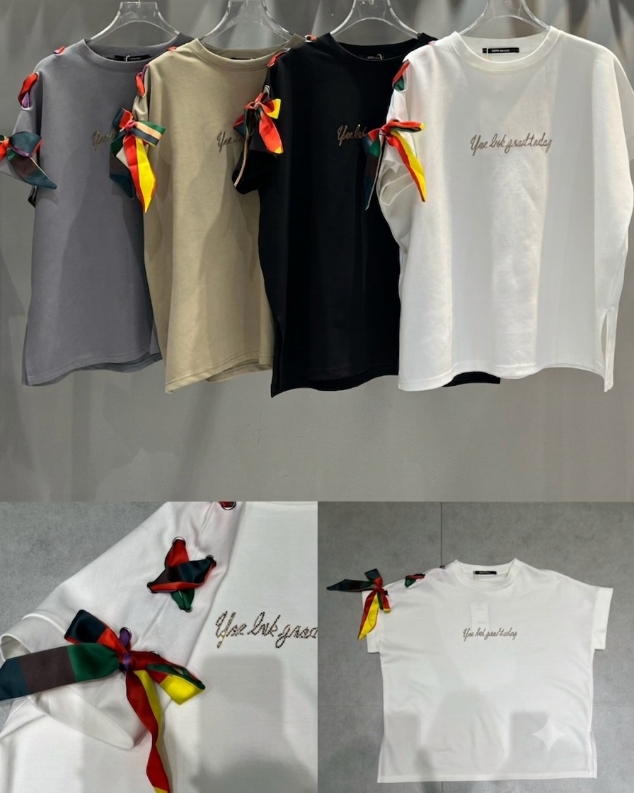Embroidered Ribbon-Sleeve Top