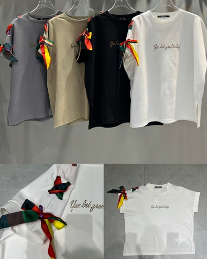 Embroidered Ribbon-Sleeve Top