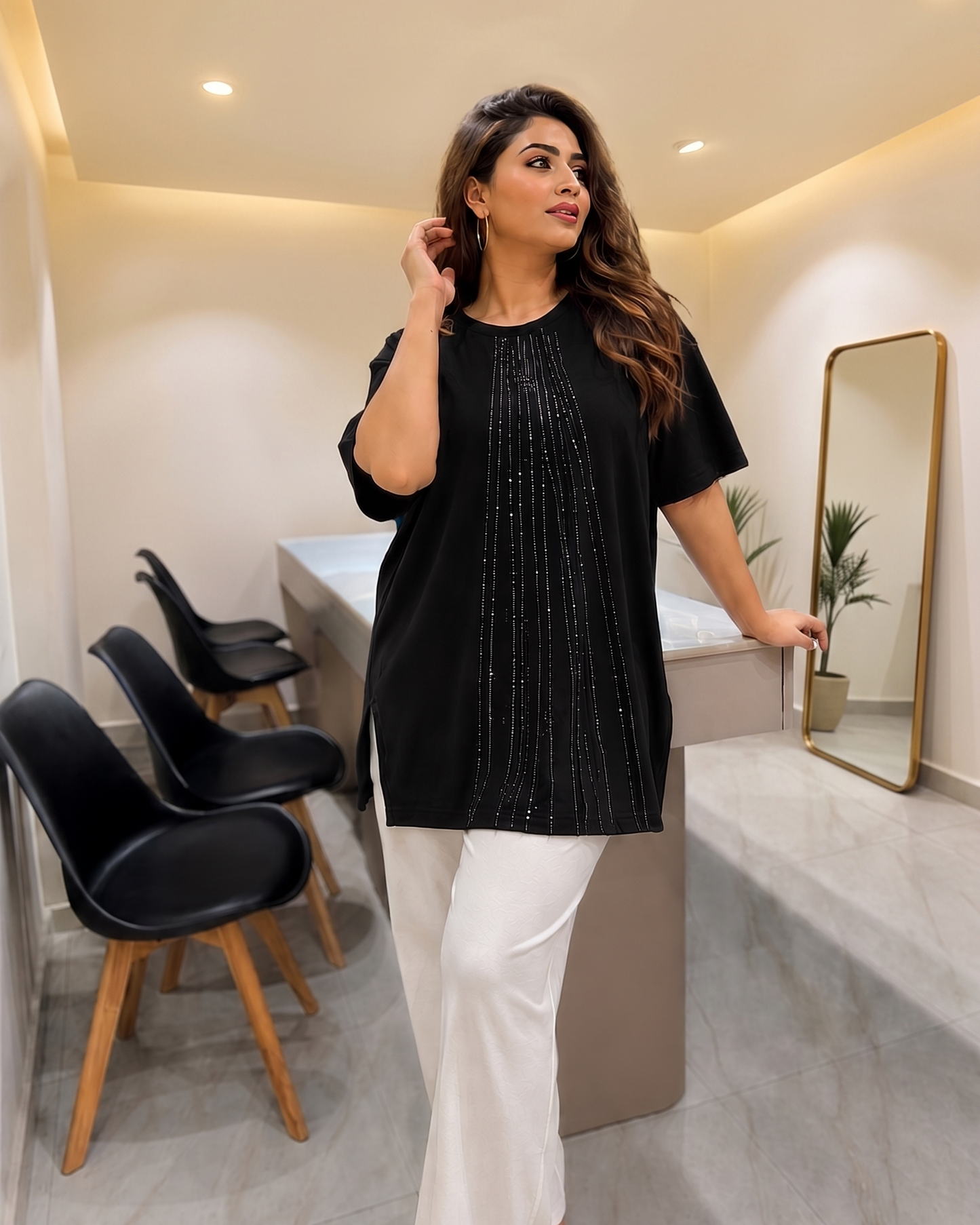 Rhinestone Pinstripe Half-Sleeve Tunic