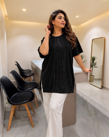 Rhinestone Pinstripe Half-Sleeve Tunic