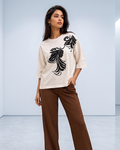 Elegant Leaf Print Drop-Shoulder Top