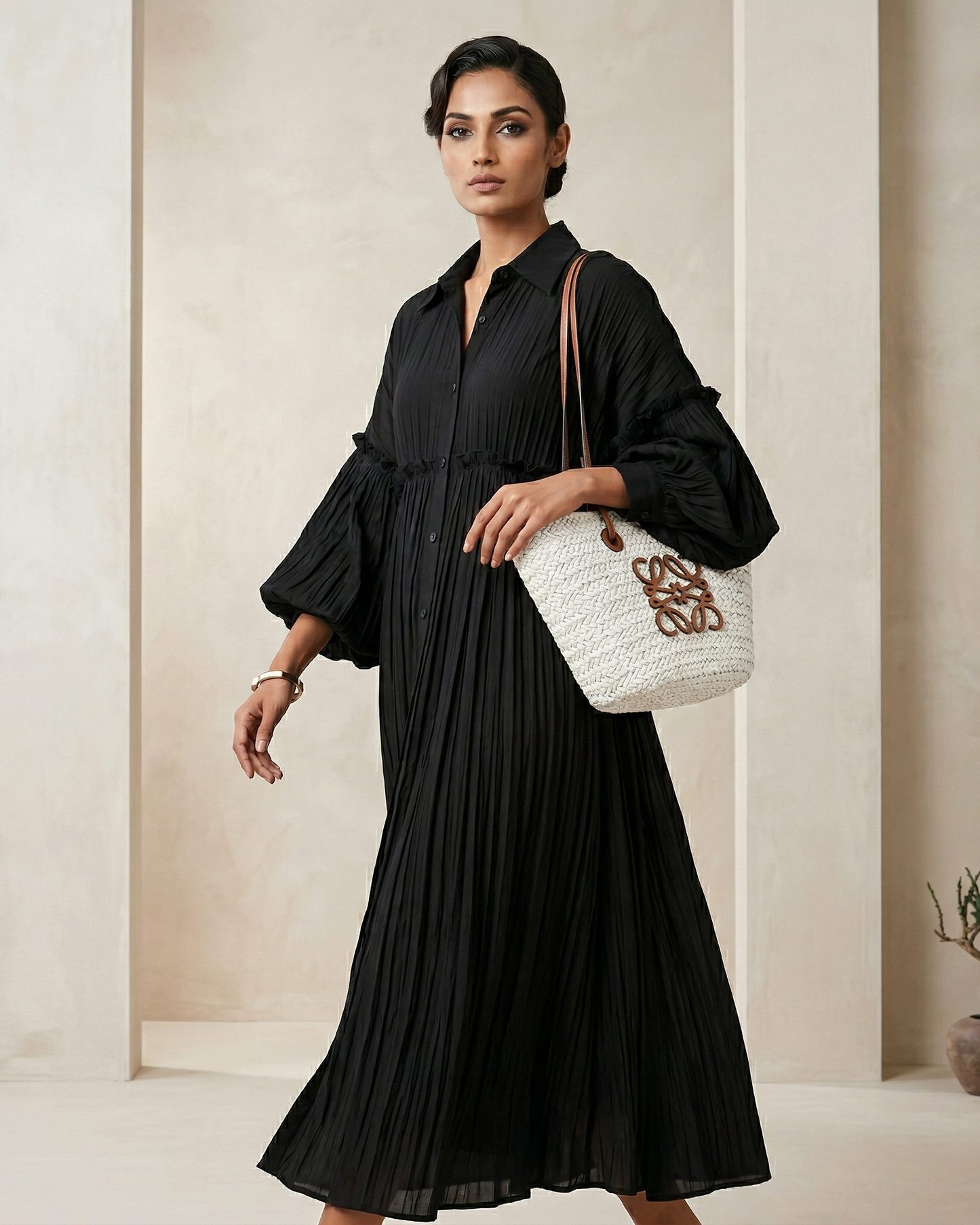 Chic Pleated Maxi Shirt Dress