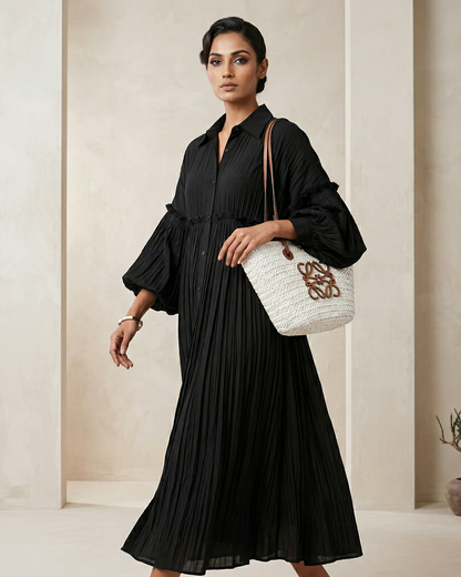 Chic Pleated Maxi Shirt Dress