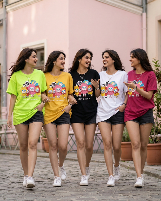 Women’s Oversized Black Graphic T-Shirt – Lucky Chance Cartoon Print Tee