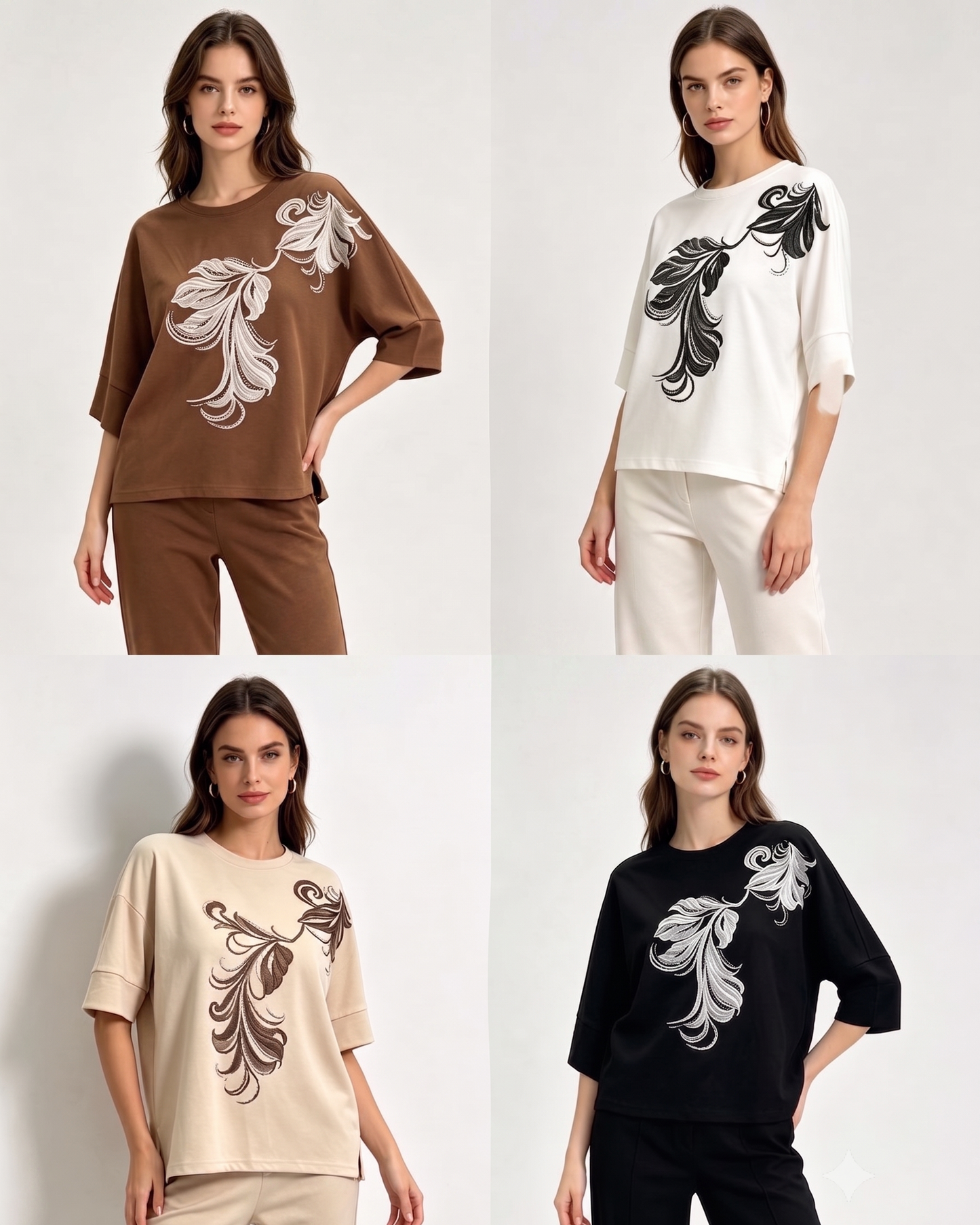 Elegant Leaf Print Drop-Shoulder Top