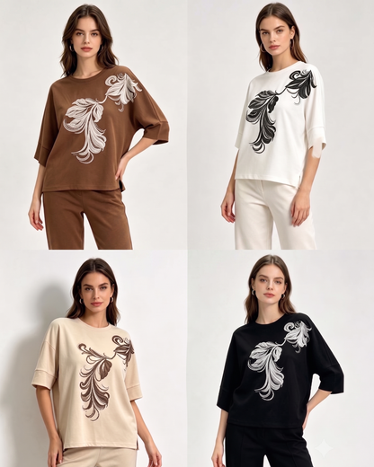 Elegant Leaf Print Drop-Shoulder Top