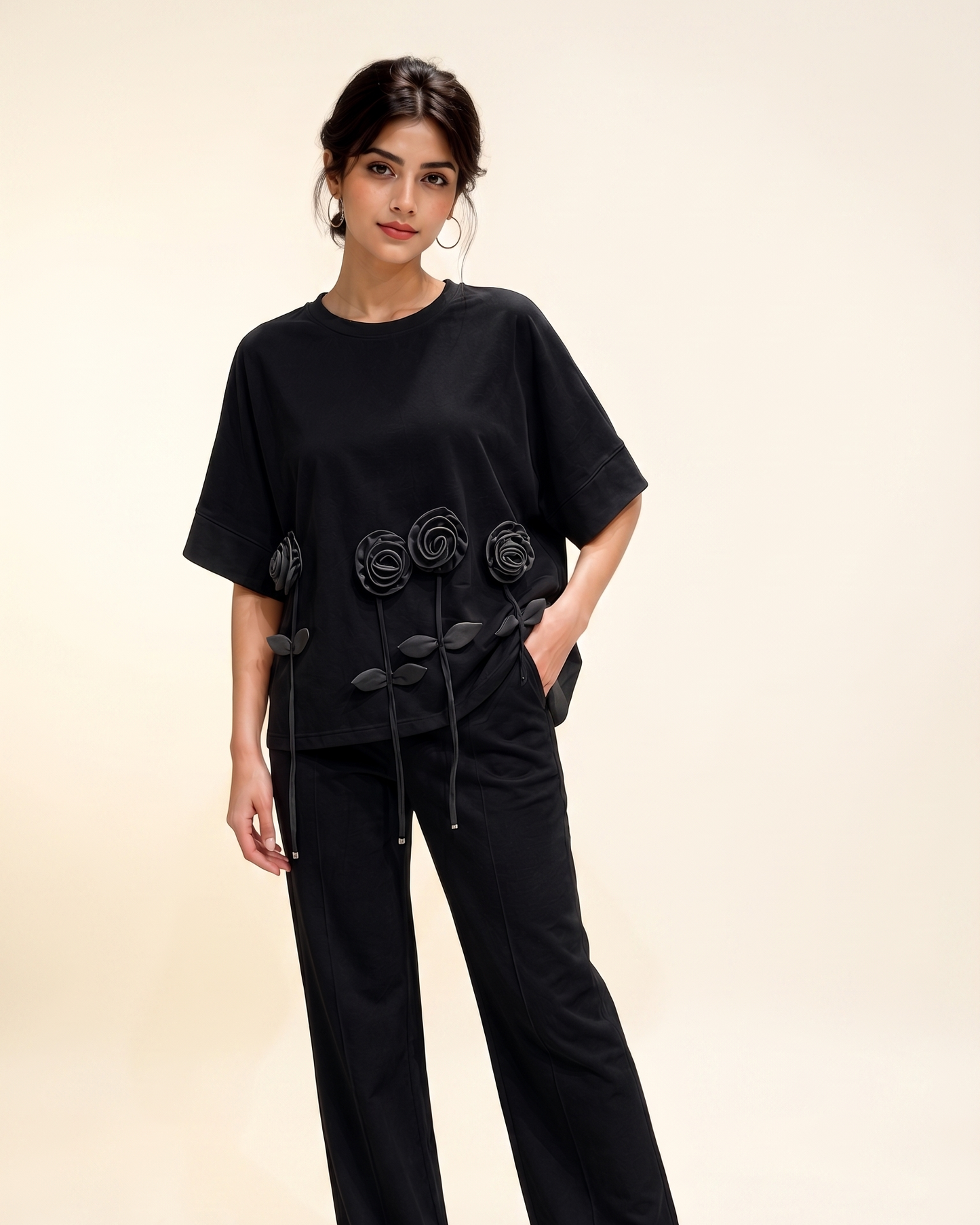 Embellished Rose Drop-Shoulder Tee