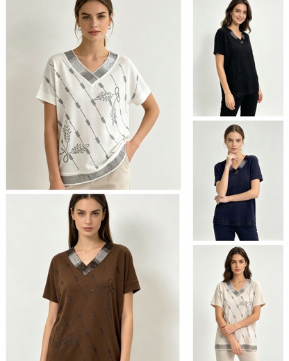 Embellished V-Neck Relaxed Top