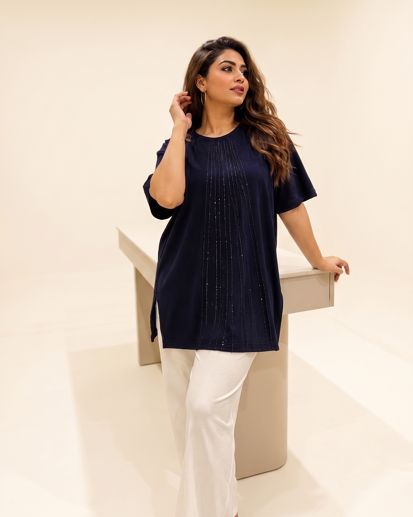 Rhinestone Pinstripe Half-Sleeve Tunic
