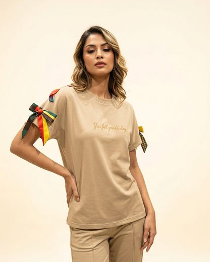 Embroidered Ribbon-Sleeve Top