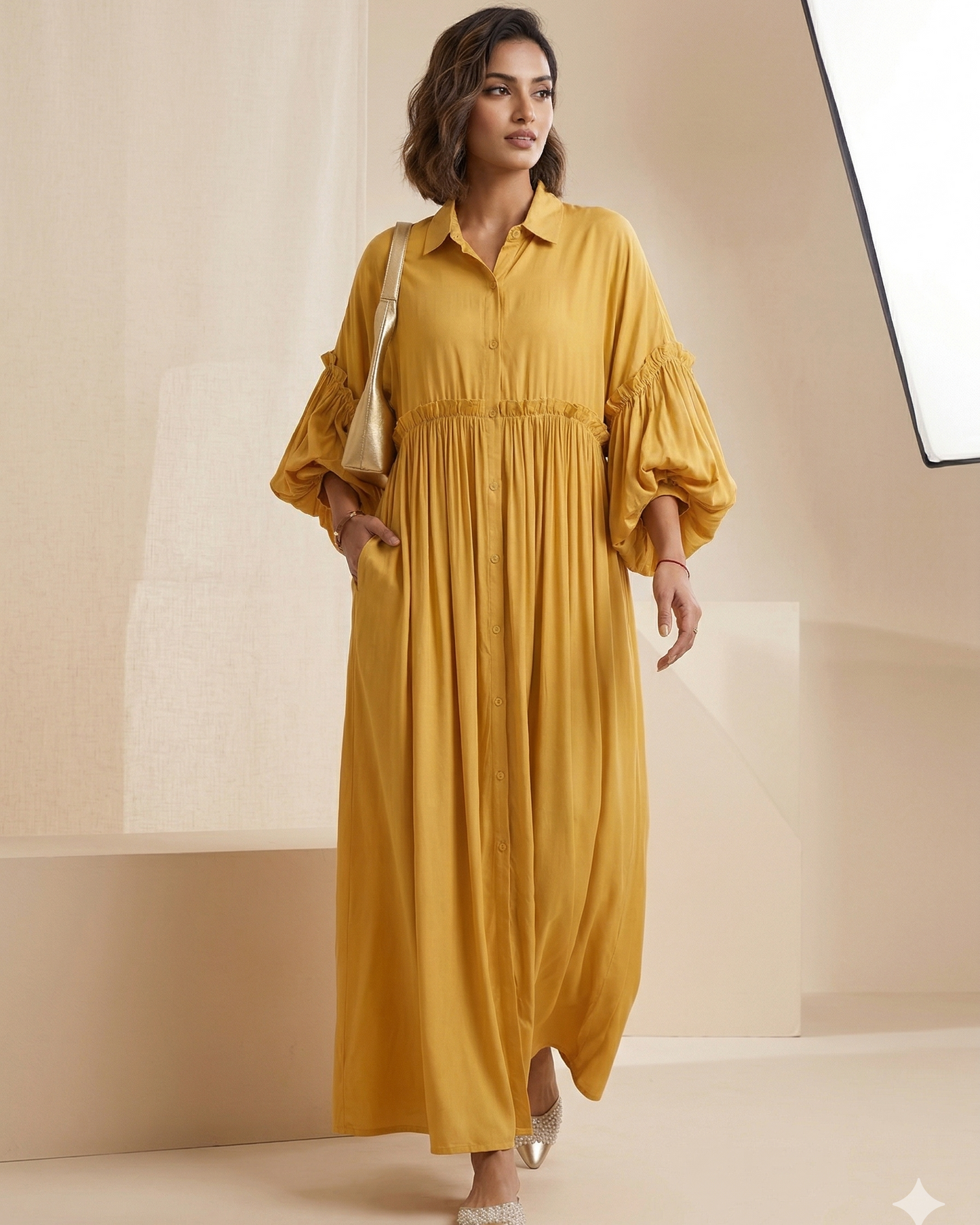 Chic Pleated Maxi Shirt Dress