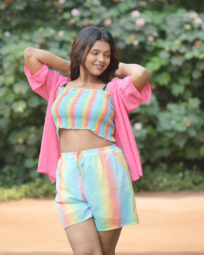 Rainbow Print Co-ord Set with Pink Shrug
