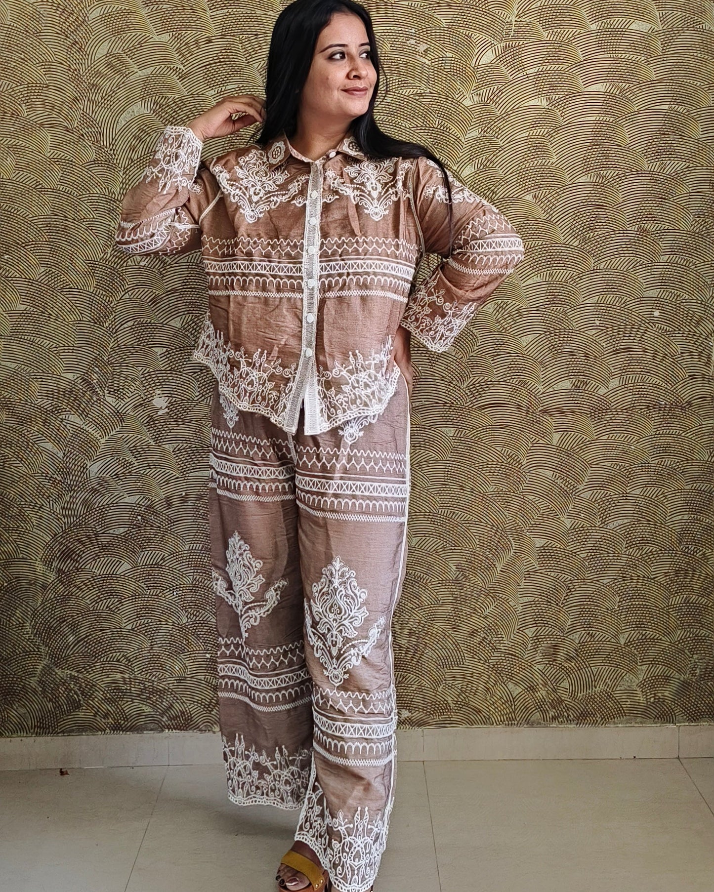 Elegant Mocha Lace Coord Set – Chic Comfort Wear