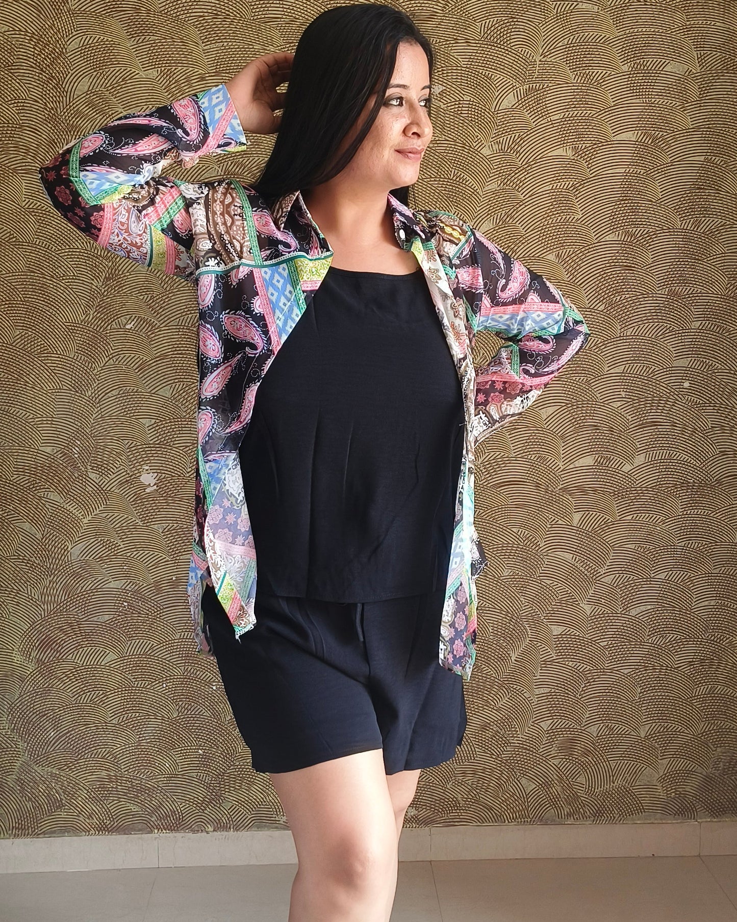 3 piece Printed Tie-Back Layered Set