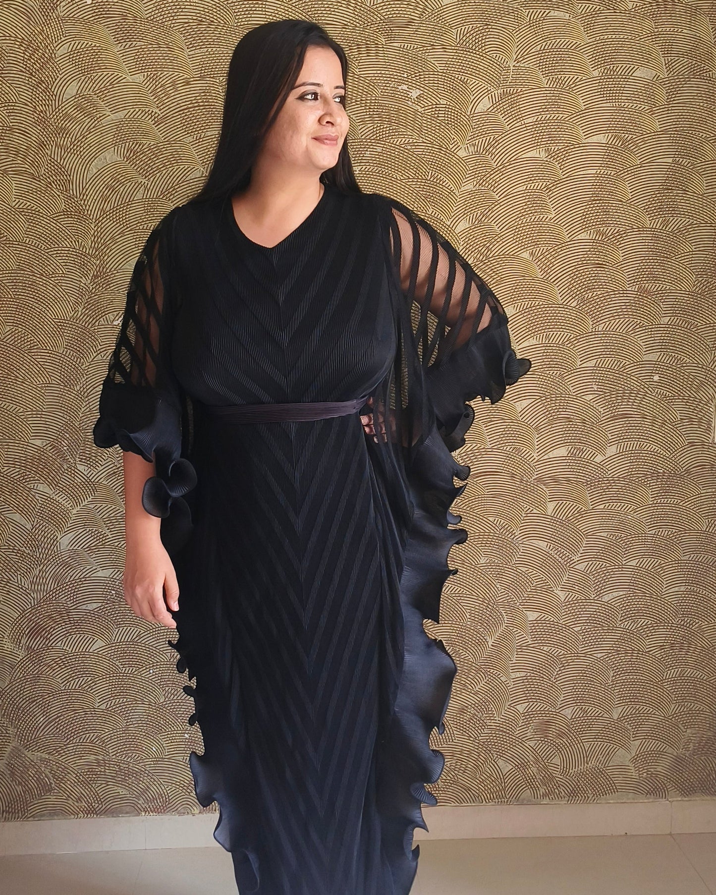 Black Draped Kaftan Midi Dress