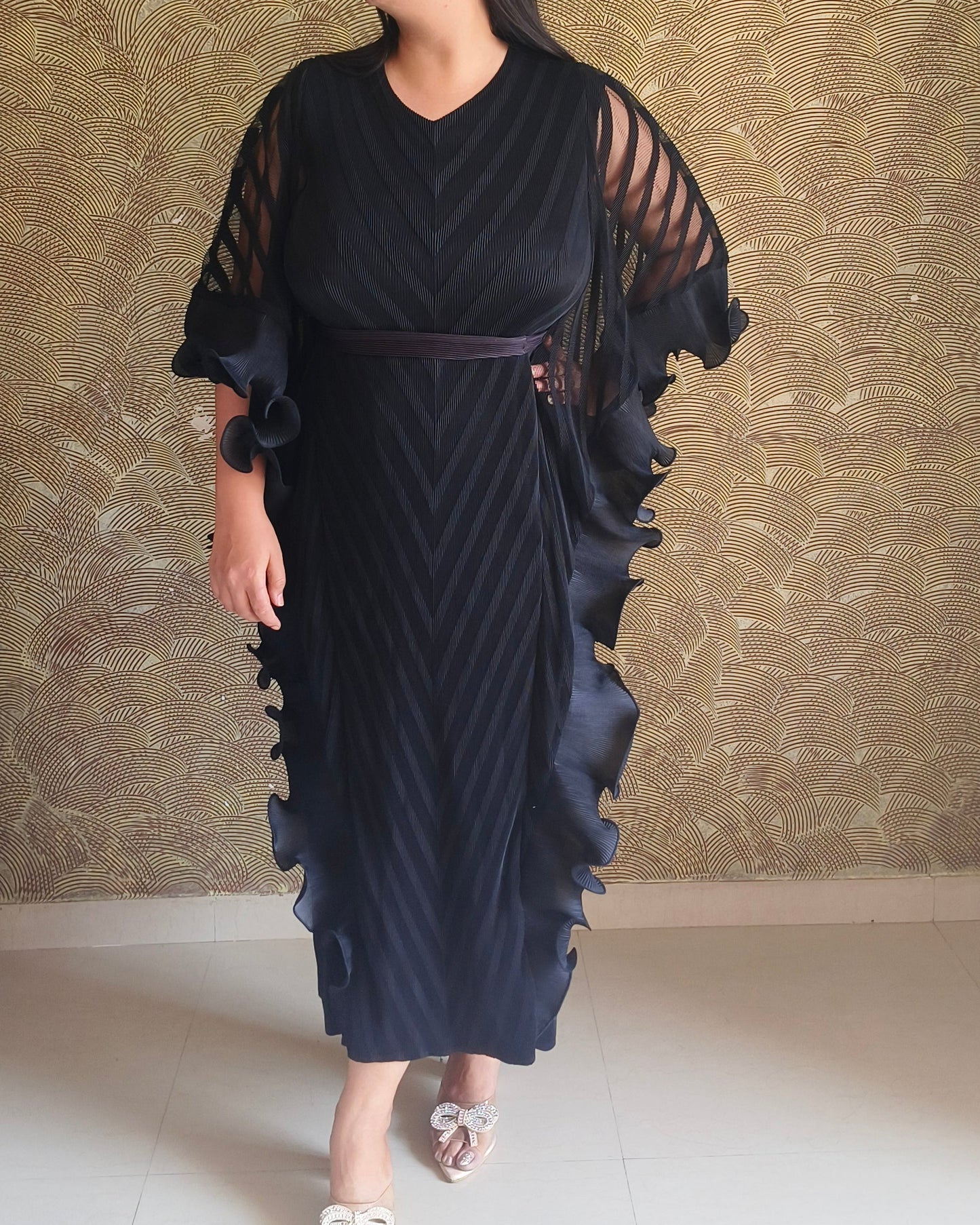 Black Draped Kaftan Midi Dress