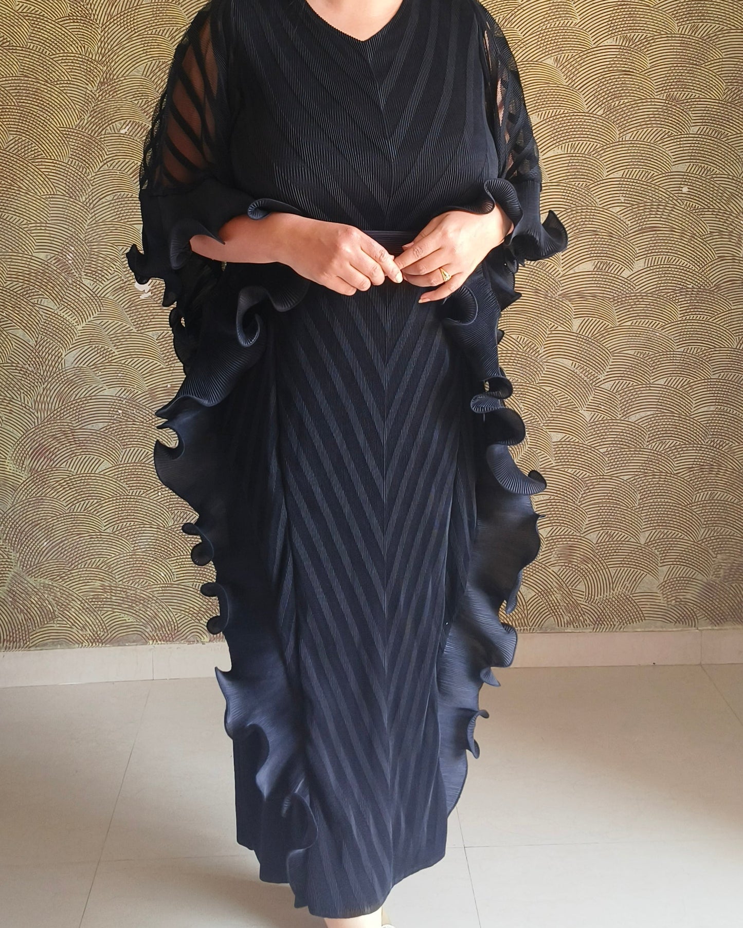 Black Draped Kaftan Midi Dress