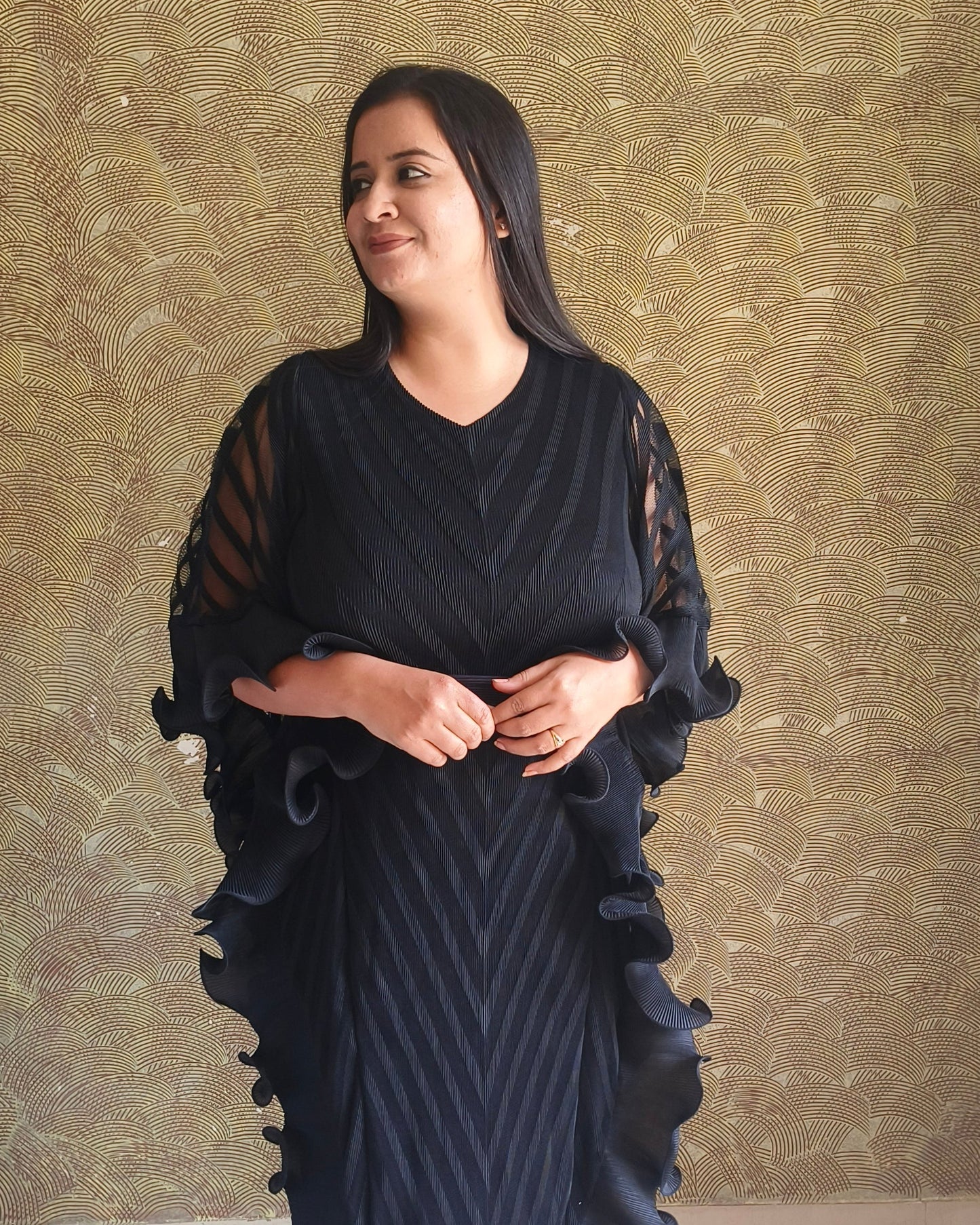 Black Draped Kaftan Midi Dress