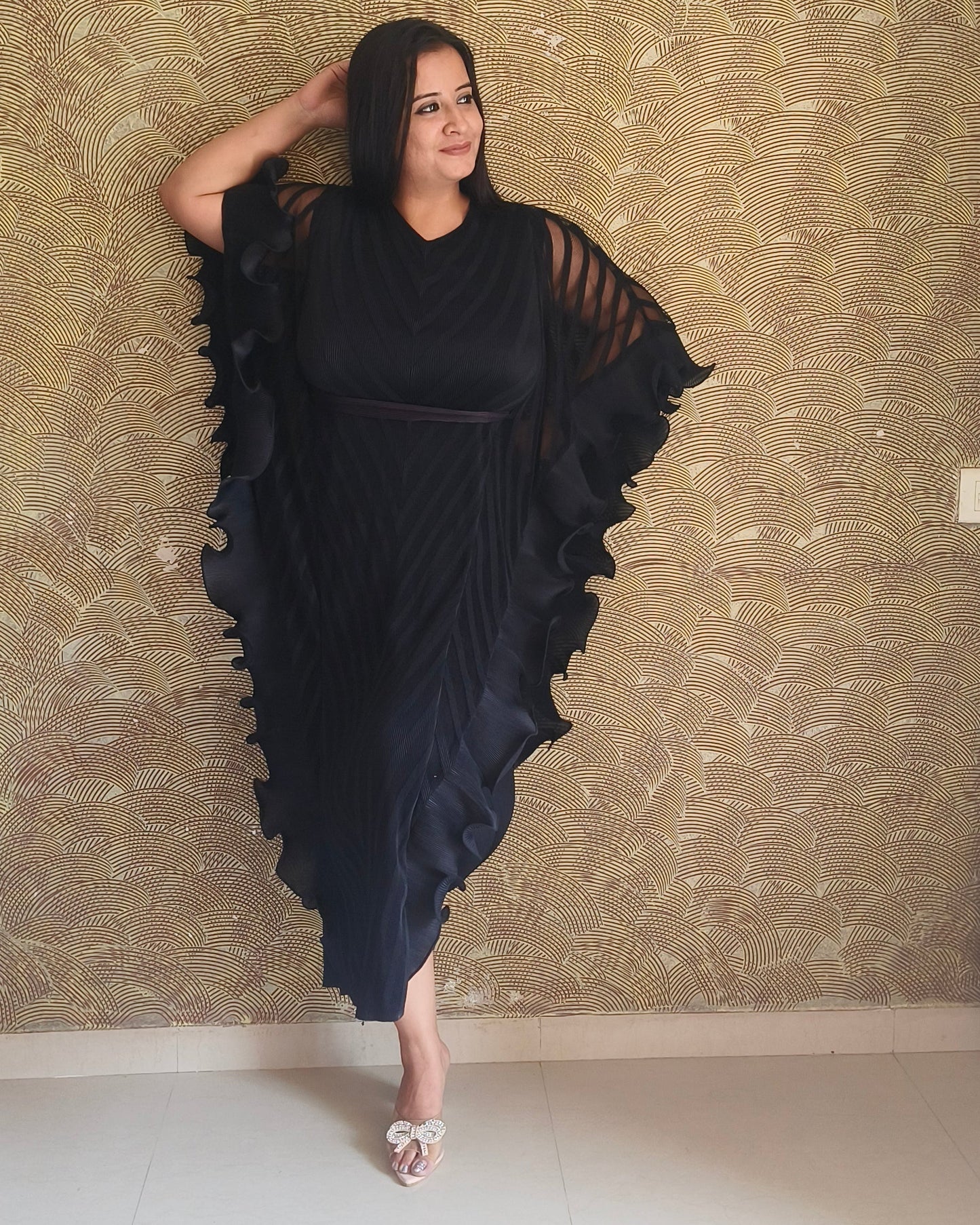 Black Draped Kaftan Midi Dress