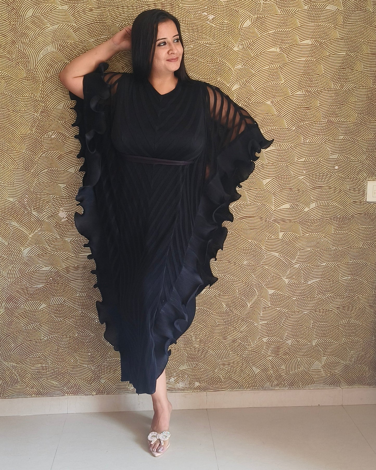 Black Draped Kaftan Midi Dress