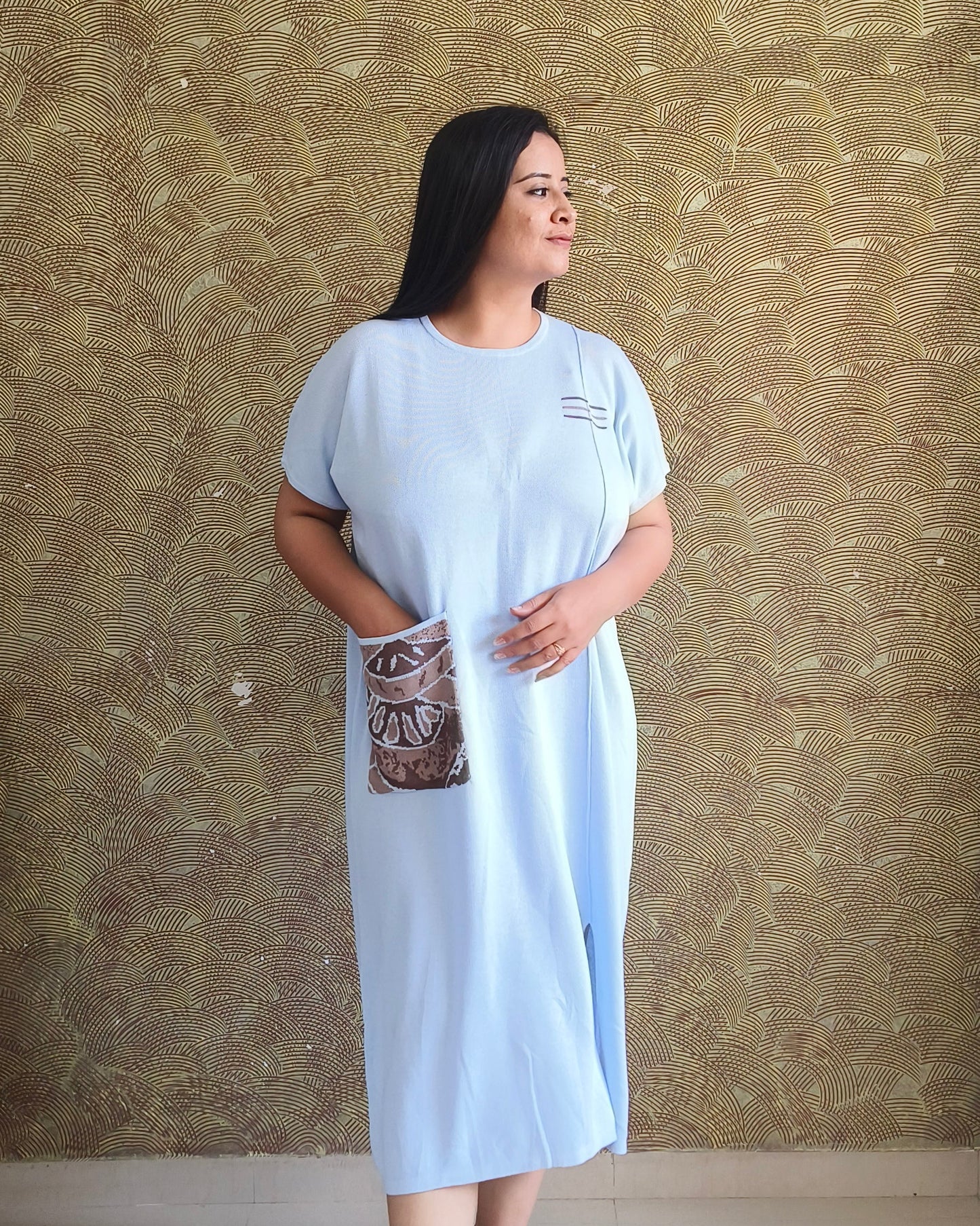 Blue Pocket Detail Midi Dress