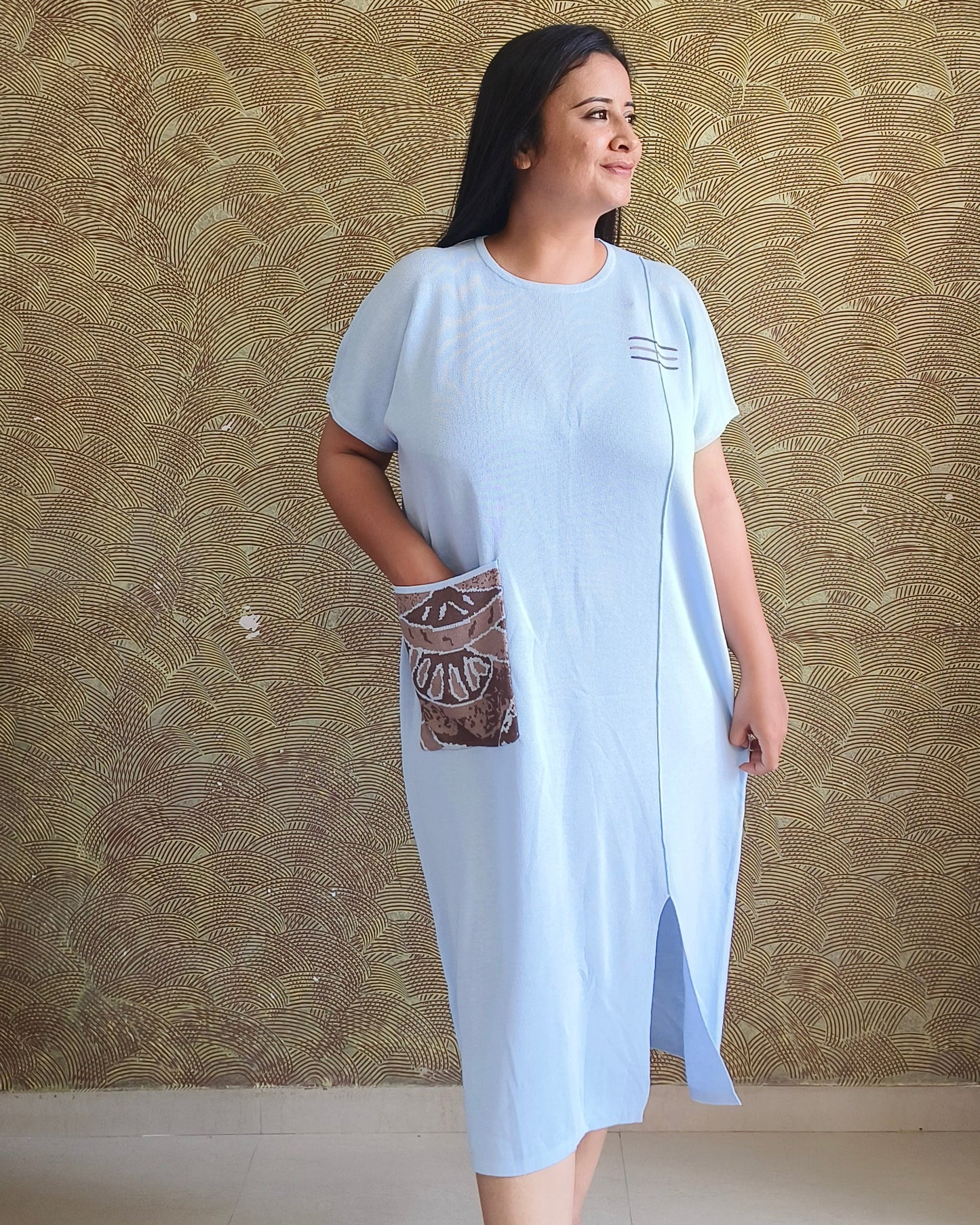 Blue Pocket Detail Midi Dress
