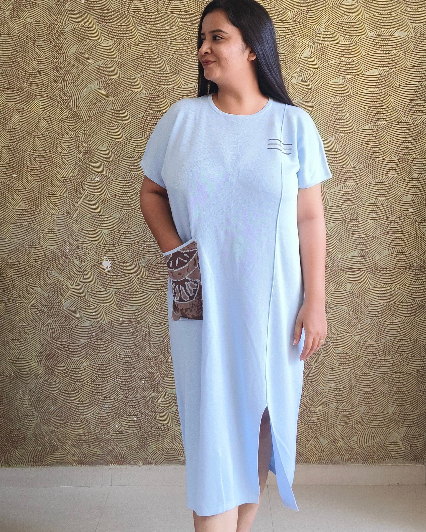Blue Pocket Detail Midi Dress