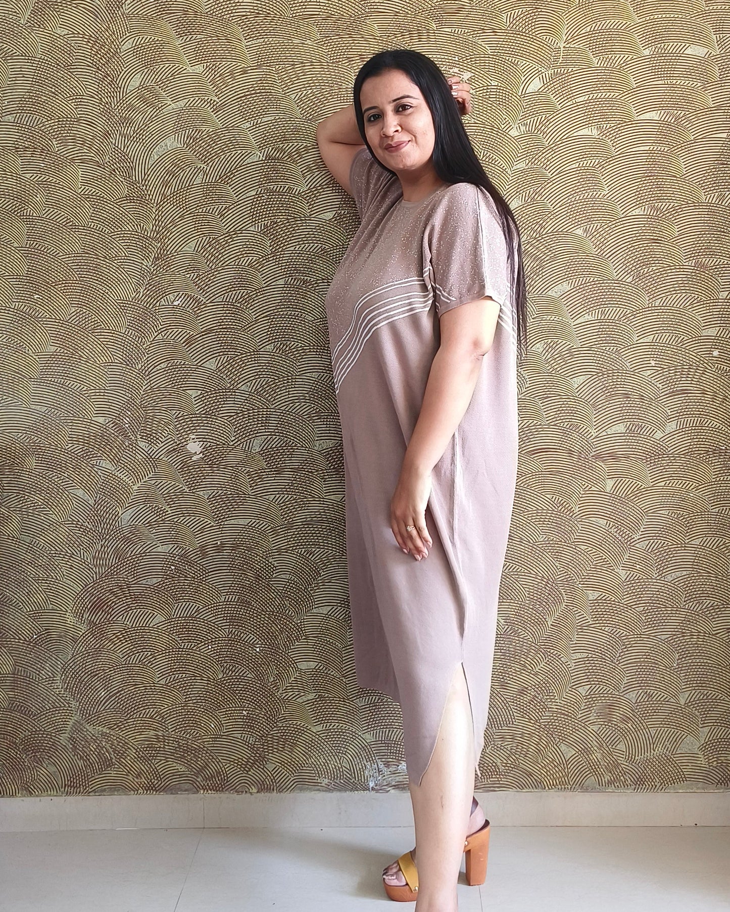 Beige Striped Midi Dress
