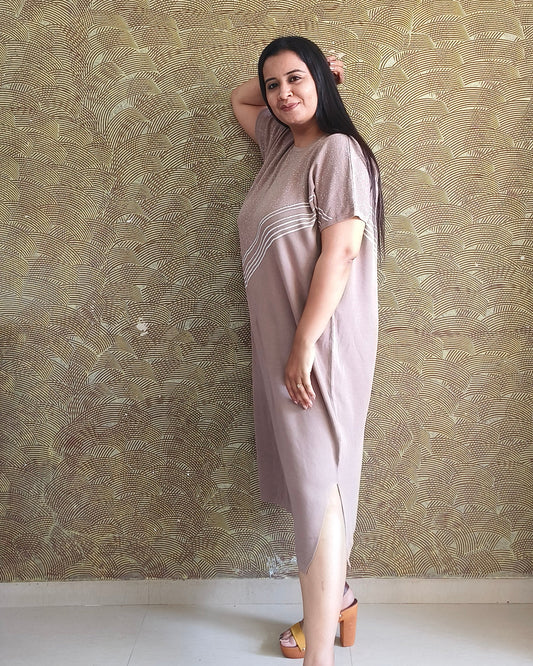 Beige Striped Midi Dress