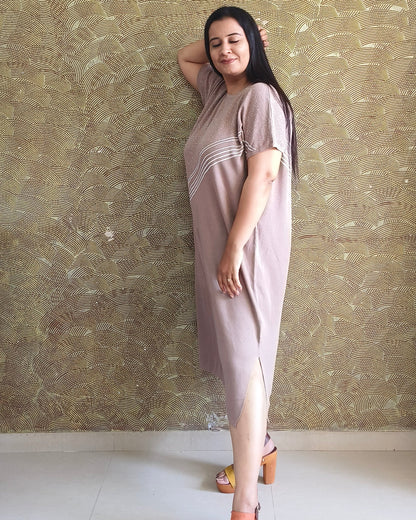 Beige Striped Midi Dress
