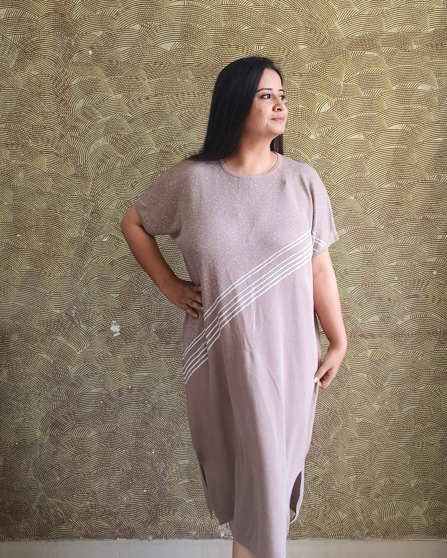 Beige Striped Midi Dress