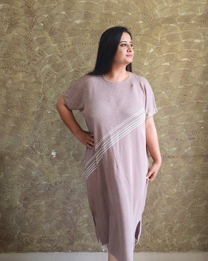 Beige Striped Midi Dress