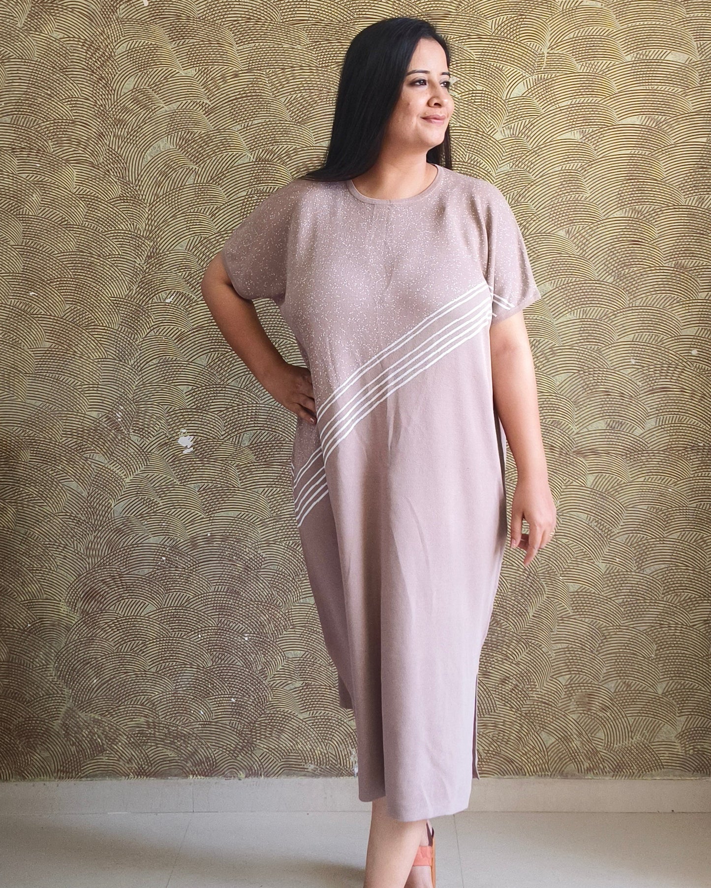 Beige Striped Midi Dress