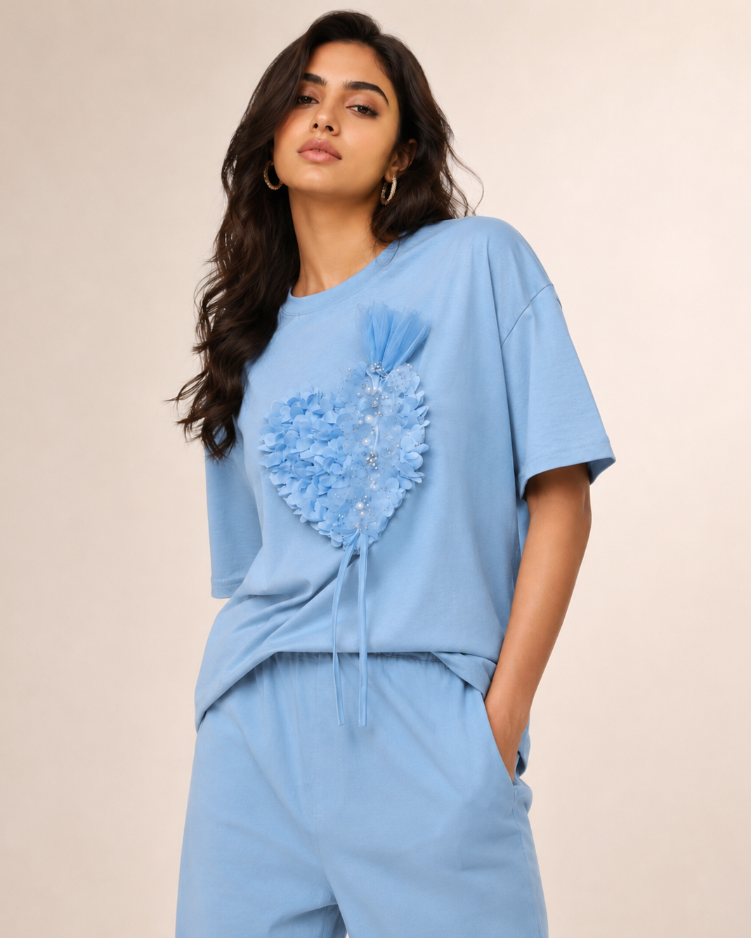 3D Floral Heart Appliqué Relaxed  Top