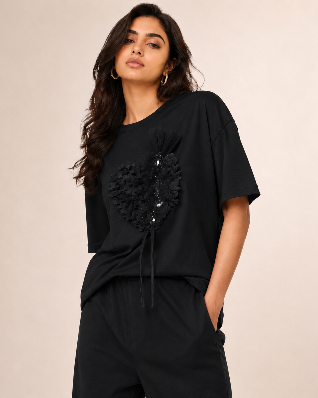 3D Floral Heart Appliqué Relaxed  Top