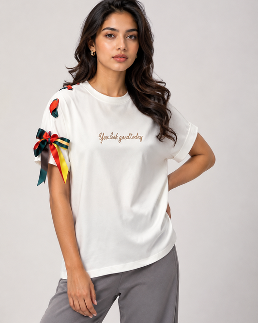 Embroidered Ribbon-Sleeve Top