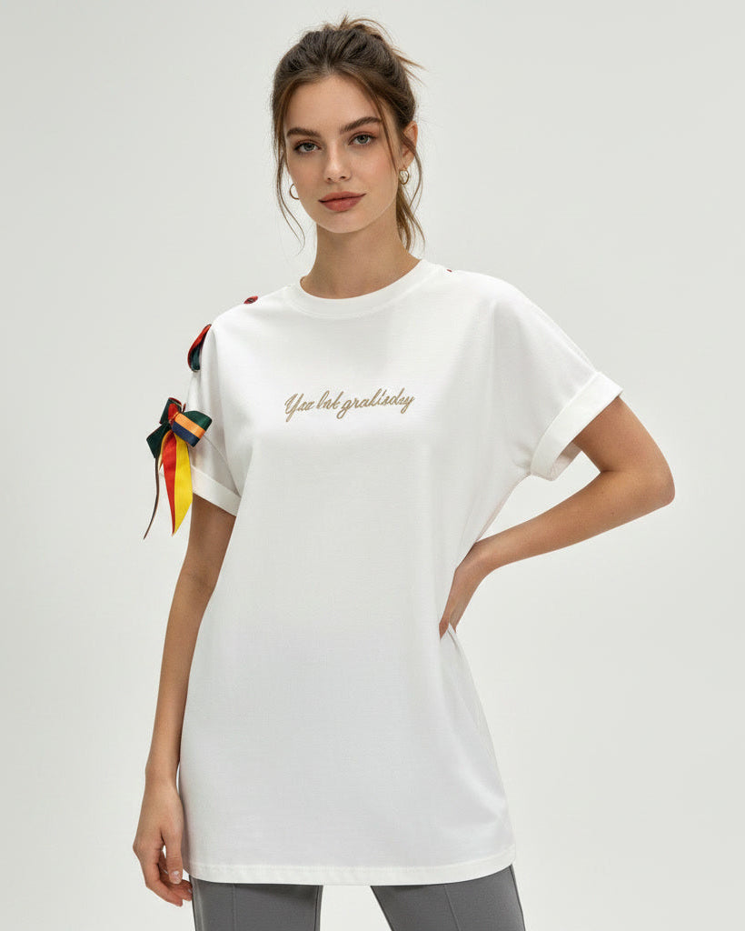 Embroidered Ribbon-Sleeve Top