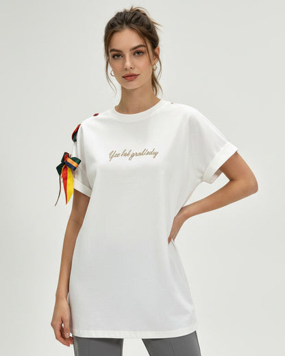Embroidered Ribbon-Sleeve Top