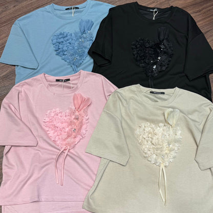 3D Floral Heart Appliqué Relaxed  Top